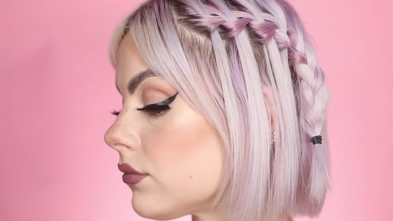 Waterfall braid on short pale, purple hair