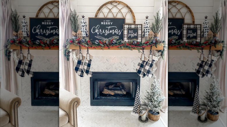 Fireplace decorated with buffalo pattern Christmas decor