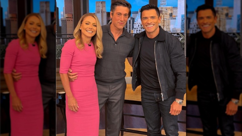 Kelly Ripa poses with David Muir and husband Mark Consuelos 