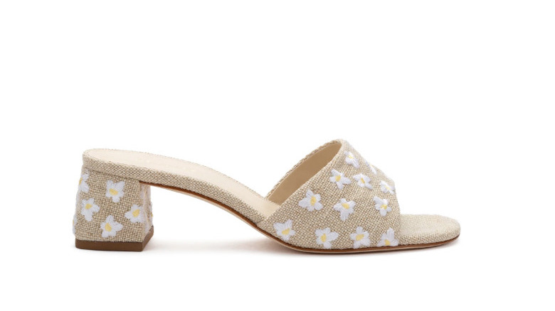 profile of linen shoe with embroidered daisies