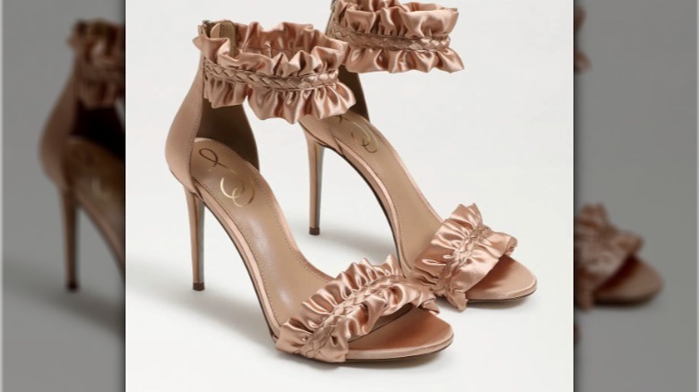 blush colored satin heeled sandals