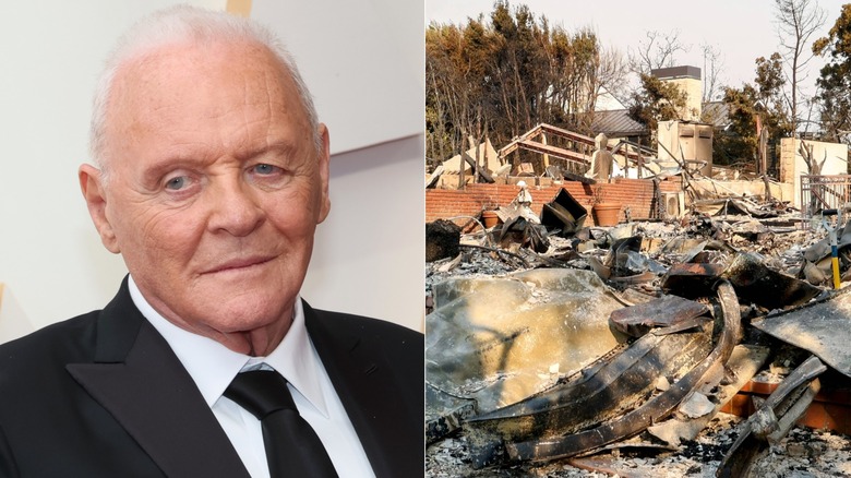 Split image of Anthony Hopkins and his home destroyed in Los Angeles wildfire