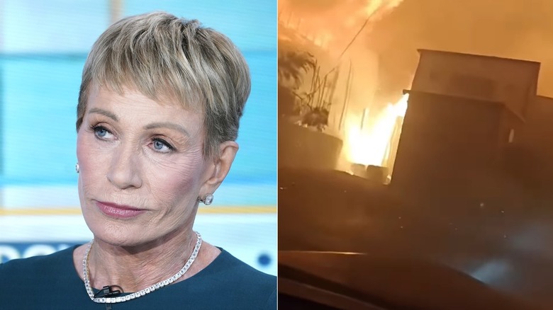 Split image of Barbara Corcoran and her home on fire during Los Angeles wildfire