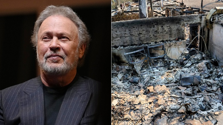 Split image of Billy Crystal and and his home destroyed in Los Angeles wildfire