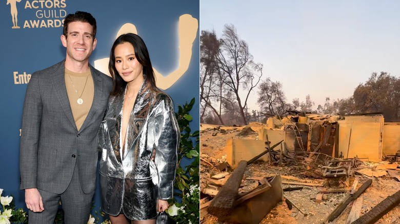 Split image of Bryan Greenberg and Jamie Chung and their home destroyed in Los Angeles wildfire