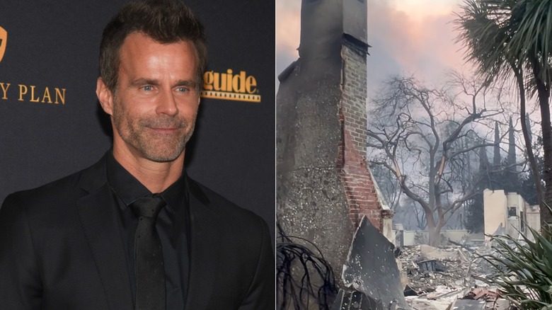 Split image of Cameron Mathison and his home destroyed in Los Angeles wildfire