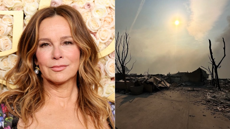 Split image of Jennifer Grey and her home destroyed in Los Angeles wildfire