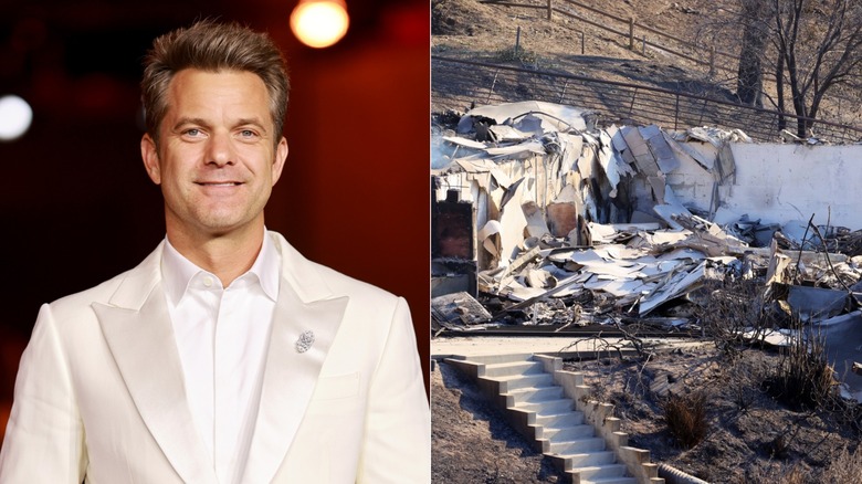 Split image of Joshua Jackson and his home destroyed in Los Angeles wildfire