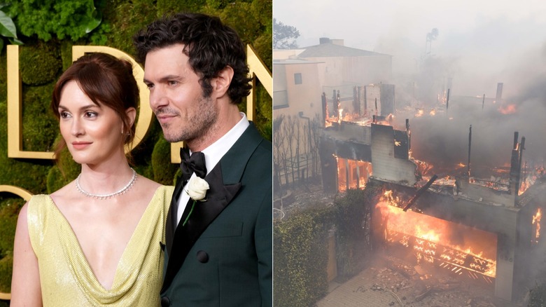 Split image of Leighton Meester and Adam Brody and their home destroyed in Los Angeles wildfire