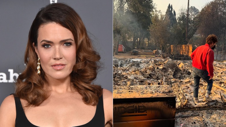 Split image of Mandy Moore and her home destroyed in Los Angeles wildfire