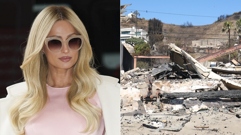 Split image of Paris Hilton and her home destroyed in Los Angeles wildfire