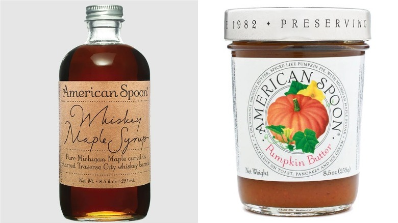 Whiskey maple syrup and jar of pumpkin butter