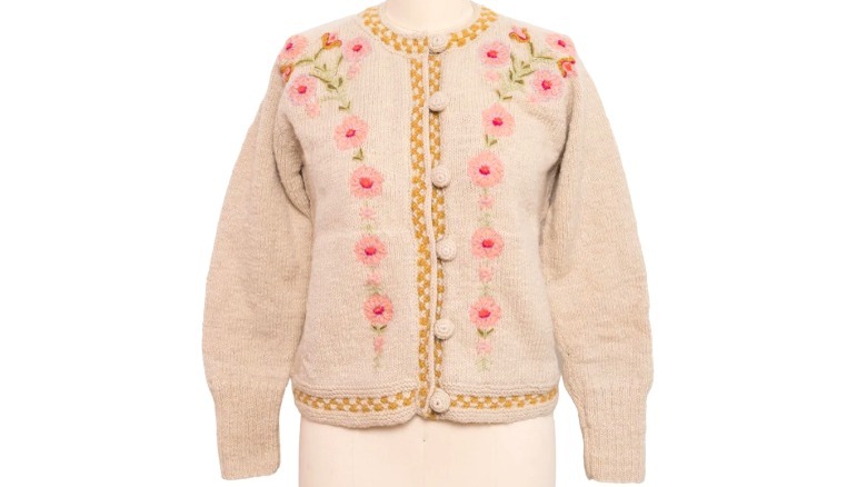 Cream sweater with embroidered pink flower pattern