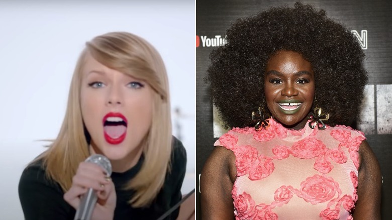 Taylor Swift in "Shake it Off" music video/Woman in floral turtleneck