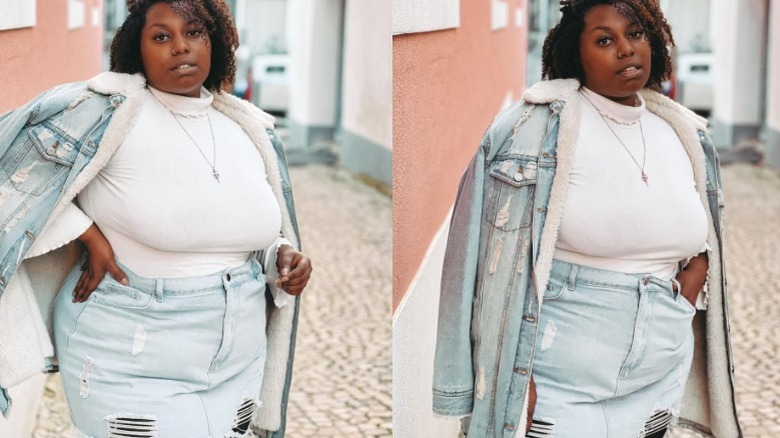 Woman wearing denim skirt