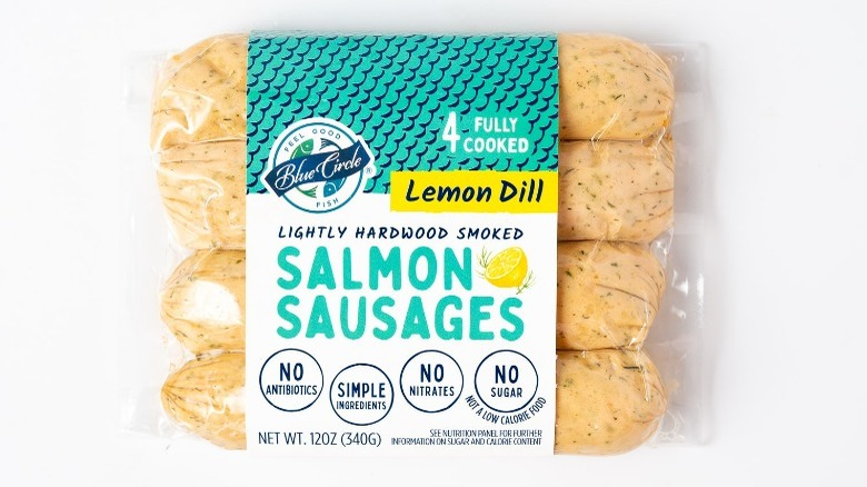 Package of lemon dill seasoned salmon sausages