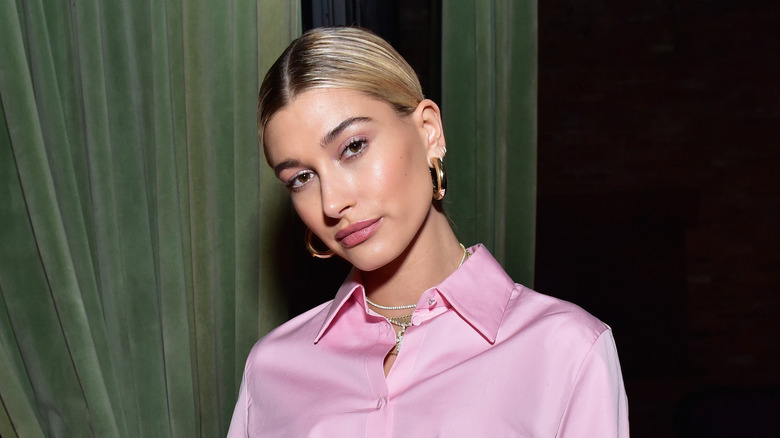 Hailey Bieber posing in pink