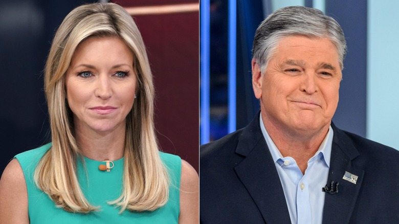 Ainsley Earhardt in a green dres with a straight look on her face (L) and Sean Hannity in a blue shirt with a close-lipped smile (R)