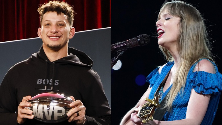 Patrick Mahomes smiling & Taylor Swift singing