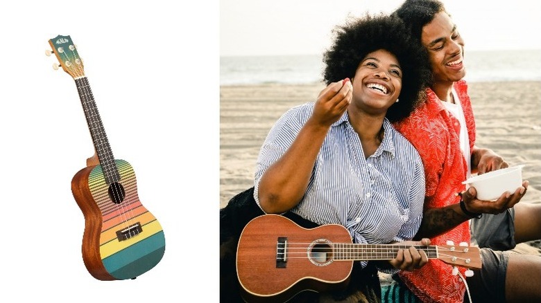 Brightly striped ukulele and smiling couple on the beach