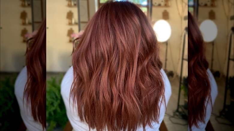 Rear view of wavy, medium-length strawberry brown hair