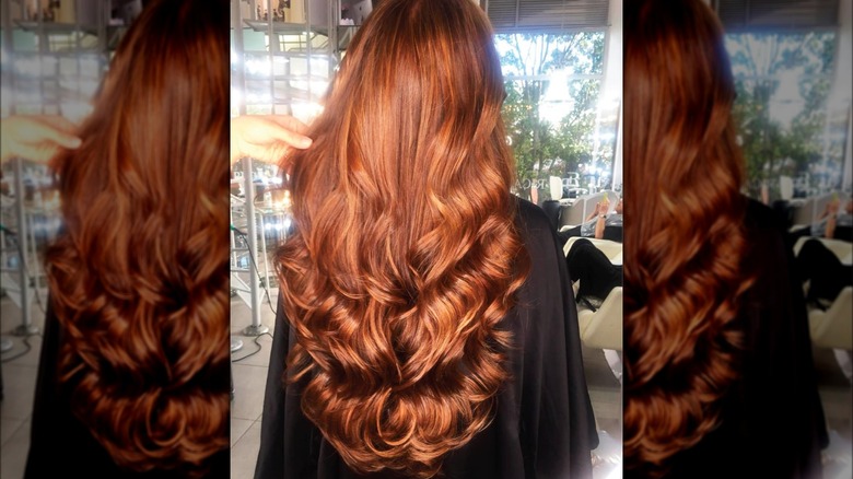 Rear view of orange-tinted strawberry brown hair