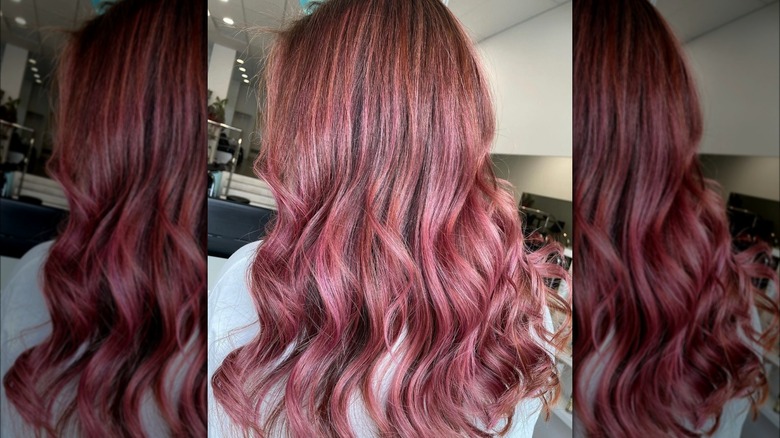 Side view of strawberry brunette hair with pink tint