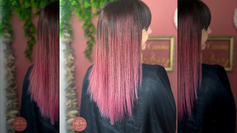 Side view of pink and red ombre hair, dark at the top