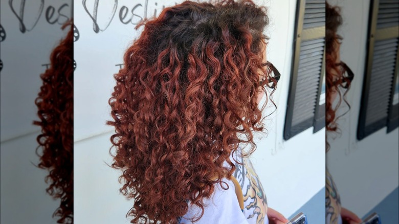 Side view of red-brown curly hair with dark roots