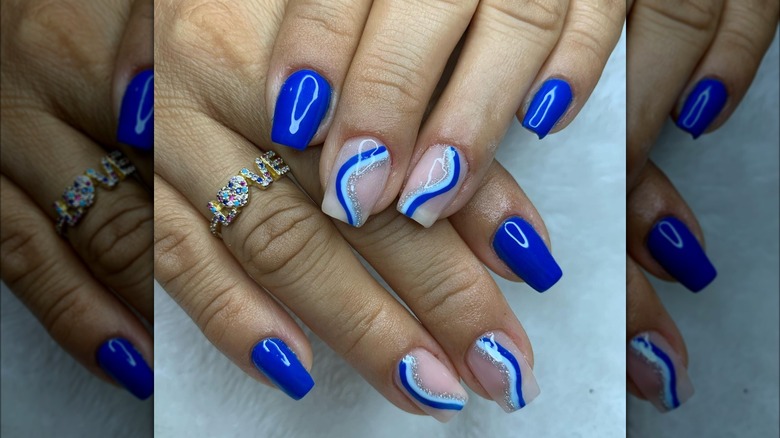 Bright blue nails with waves