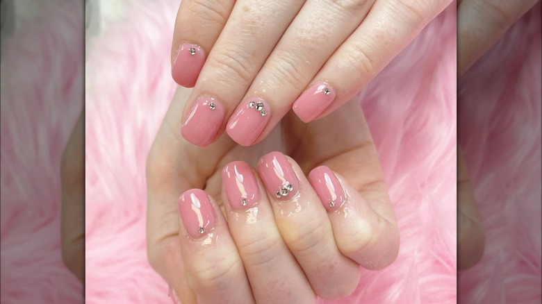 Pink rhinestone dip powder nails