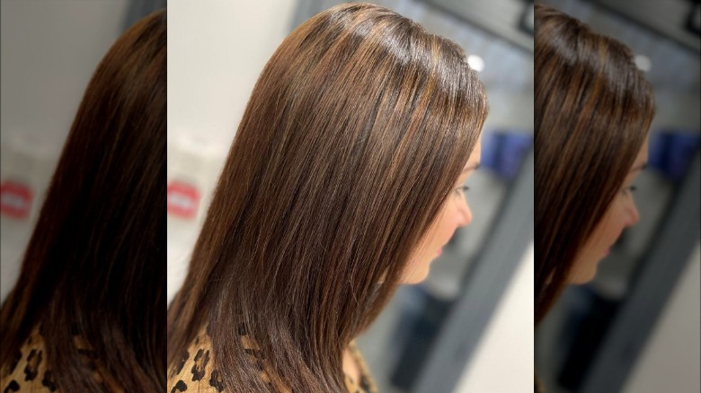 Shoulder length brown bronze haircut