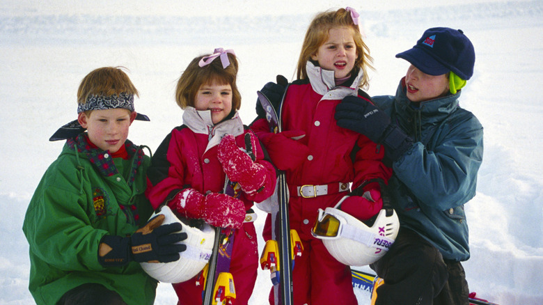 Prince Harry, Princess Eugenie, Princess Beatrice and Prince William prepare to ski as children