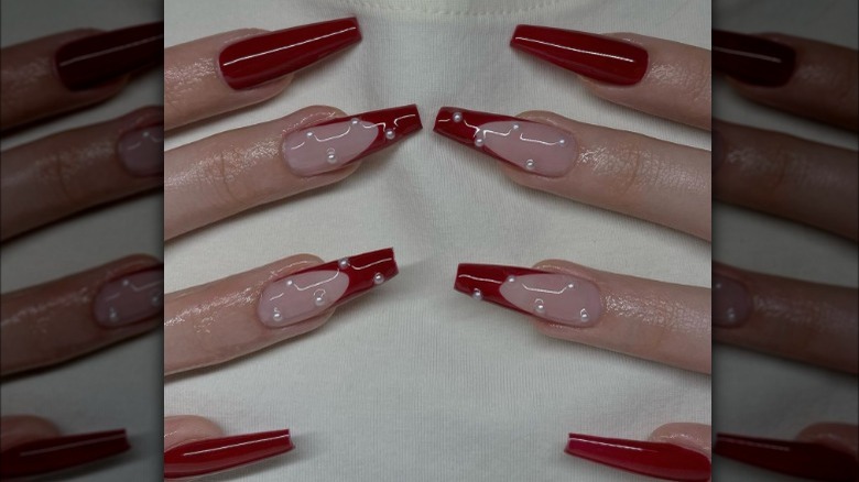 Pearl red french tip manicure