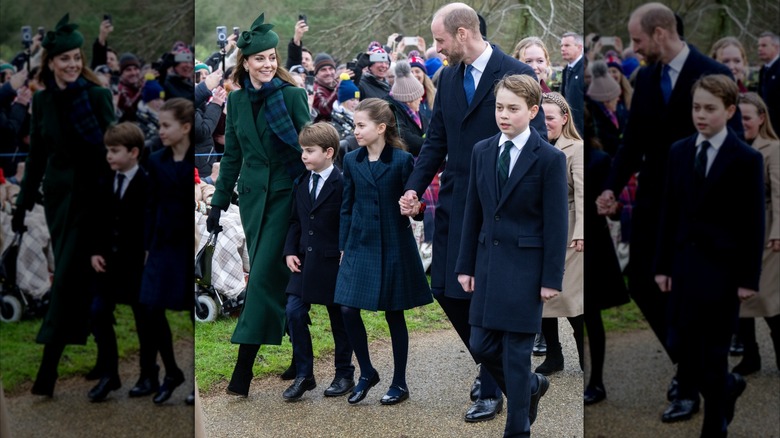 Kate Middleton, Prince Louis, Princess Charlotte, Prince William, and Prince George of Wales attend the Christmas Morning Service at Sandringham Church in Sandringham, Norfolk (2024)