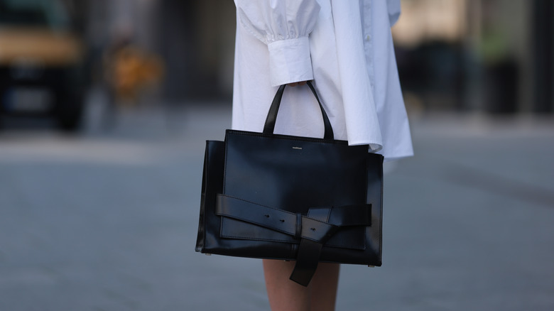 Black leather tote bag