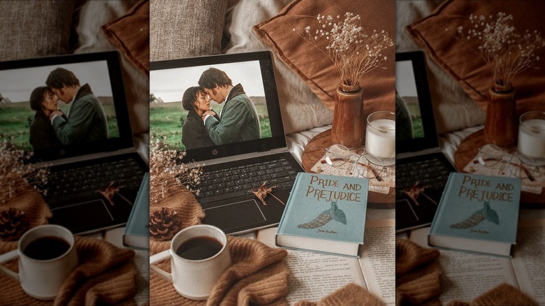 Pride and Prejudice book next to movie adaption on laptop