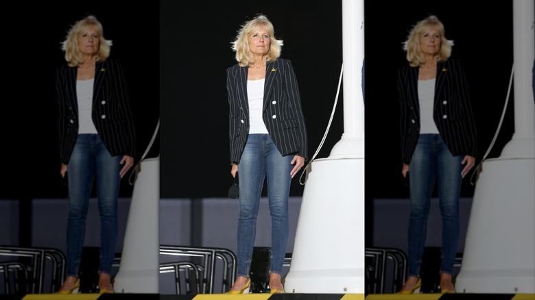 Jill Biden skinny jeans and striped jacket