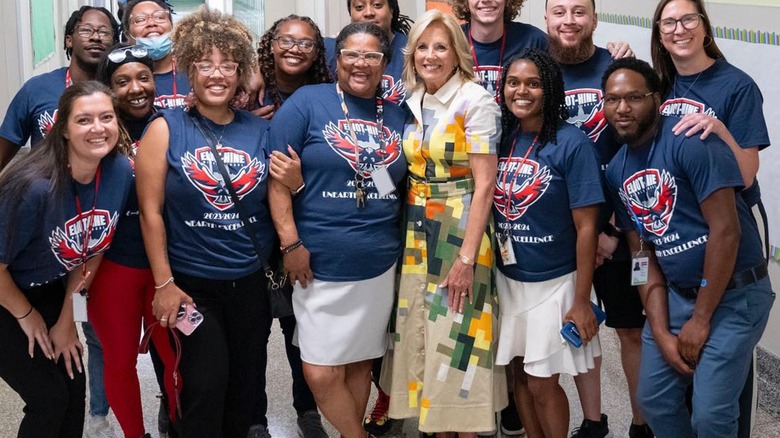 Jill Biden with school kids patterned shirtdress