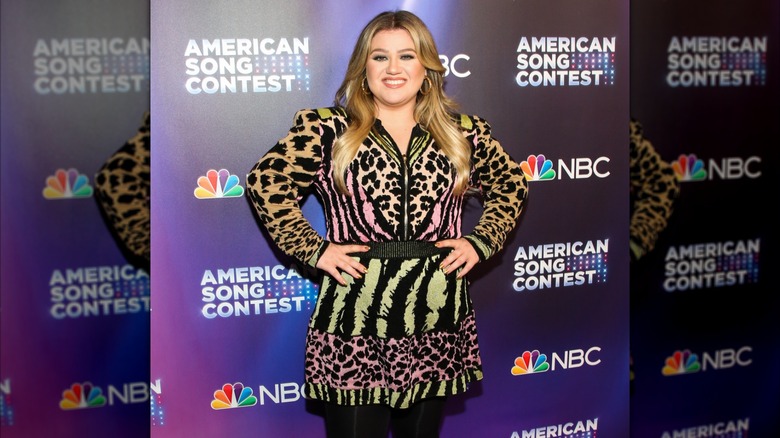 Kelly Clarkson posing in Roberto Cavalli