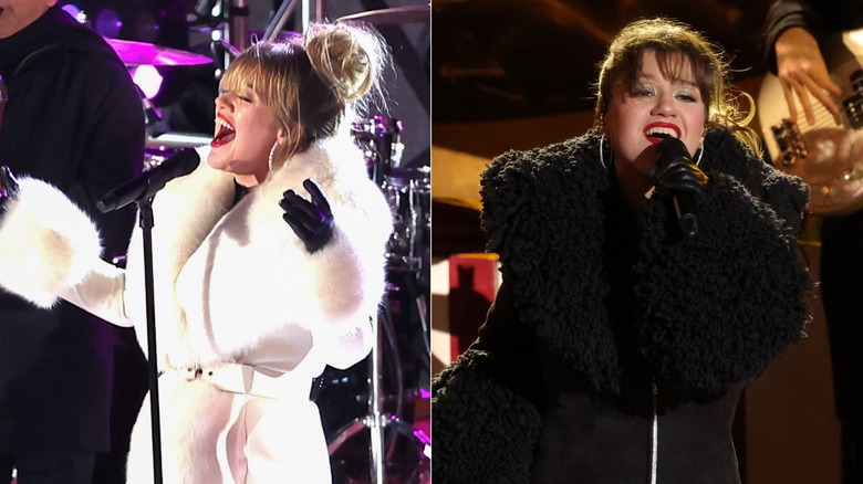 Kelly Clarkson performing in white fur coat at the 2023 Rockefeller Tree lighting and Kelly Clarkson performing in black fur coat at the 2024 Rockefeller Tree lighting