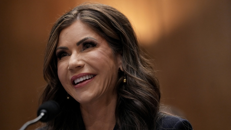 Kristi Noem speaks during her confirmation hearing before the Homeland Security and Governmental Affairs Committee on Capitol Hill on January 17, 2025 in Washington, DC