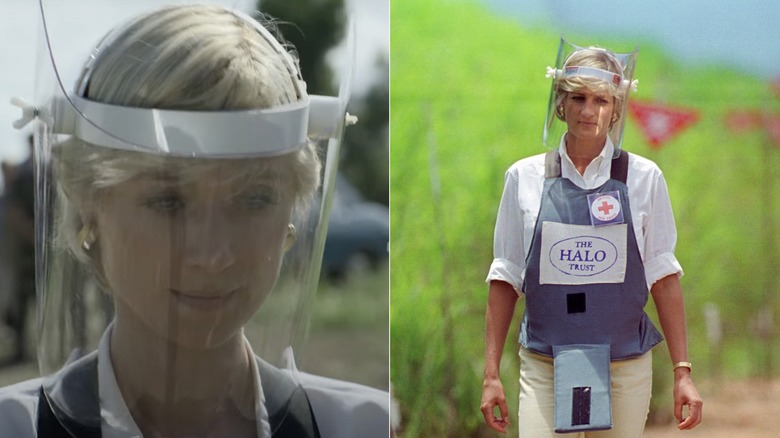 Elizabeth Debicki as Princess Diana in The Crown and Princess Diana walking rhough a landmine field