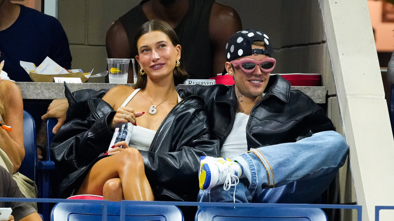 Justin and Hailey Bieber watching tennis