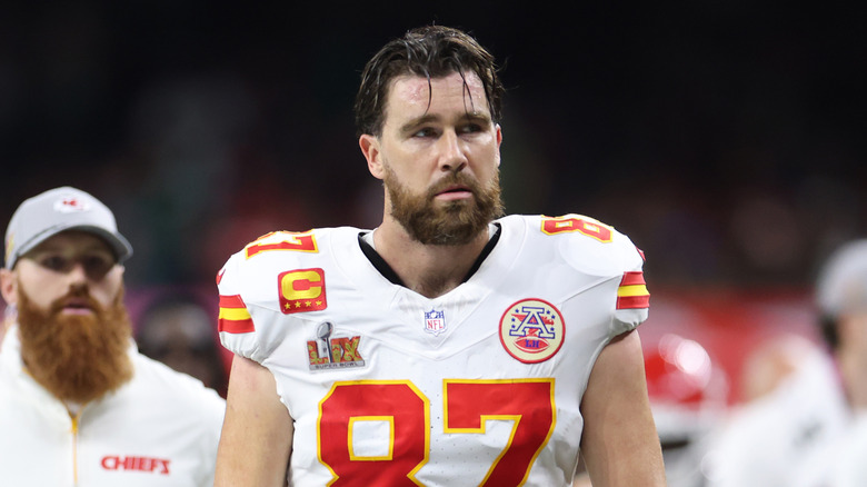 Travis Kelce looking defeated during the 2025 Super Bowl