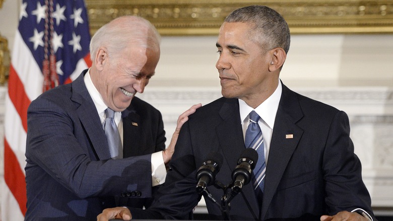 Joe Bidens laughing with Obama