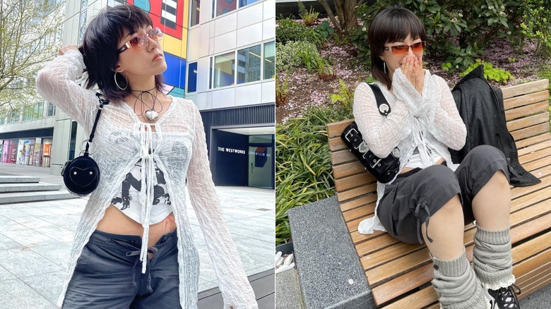 Split image of fashionista in white top