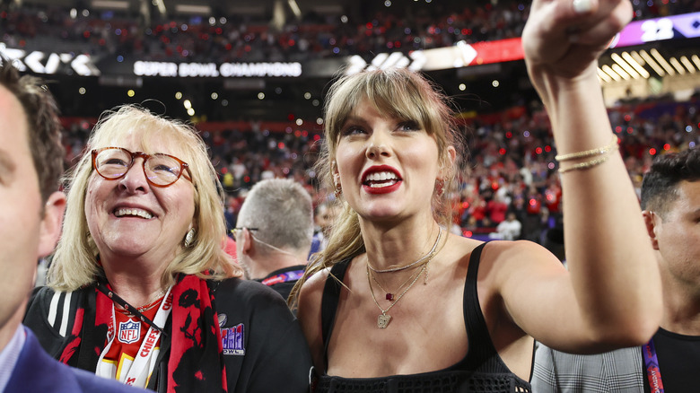 Donna Kelce and Taylor Swift celebrating at the Super Bowl