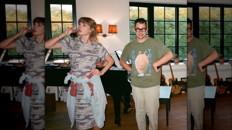 Taylor Swift and Jack Antonoff in front of a piano