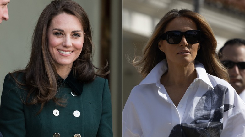 Kate Middleton smiling & Melania Trump in sunglasses